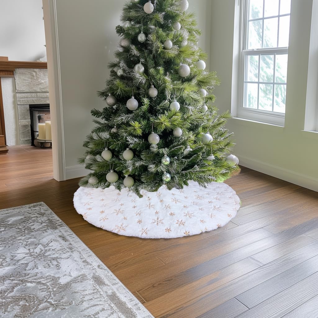 AOGU 60 Inch Sequin Faux Fur Christmas Tree Skirt Decoration for Merry Christmas Party White Plush Gold Sequin Snowflake Xmas Christmas Tree Skirt Decorations AOGU
