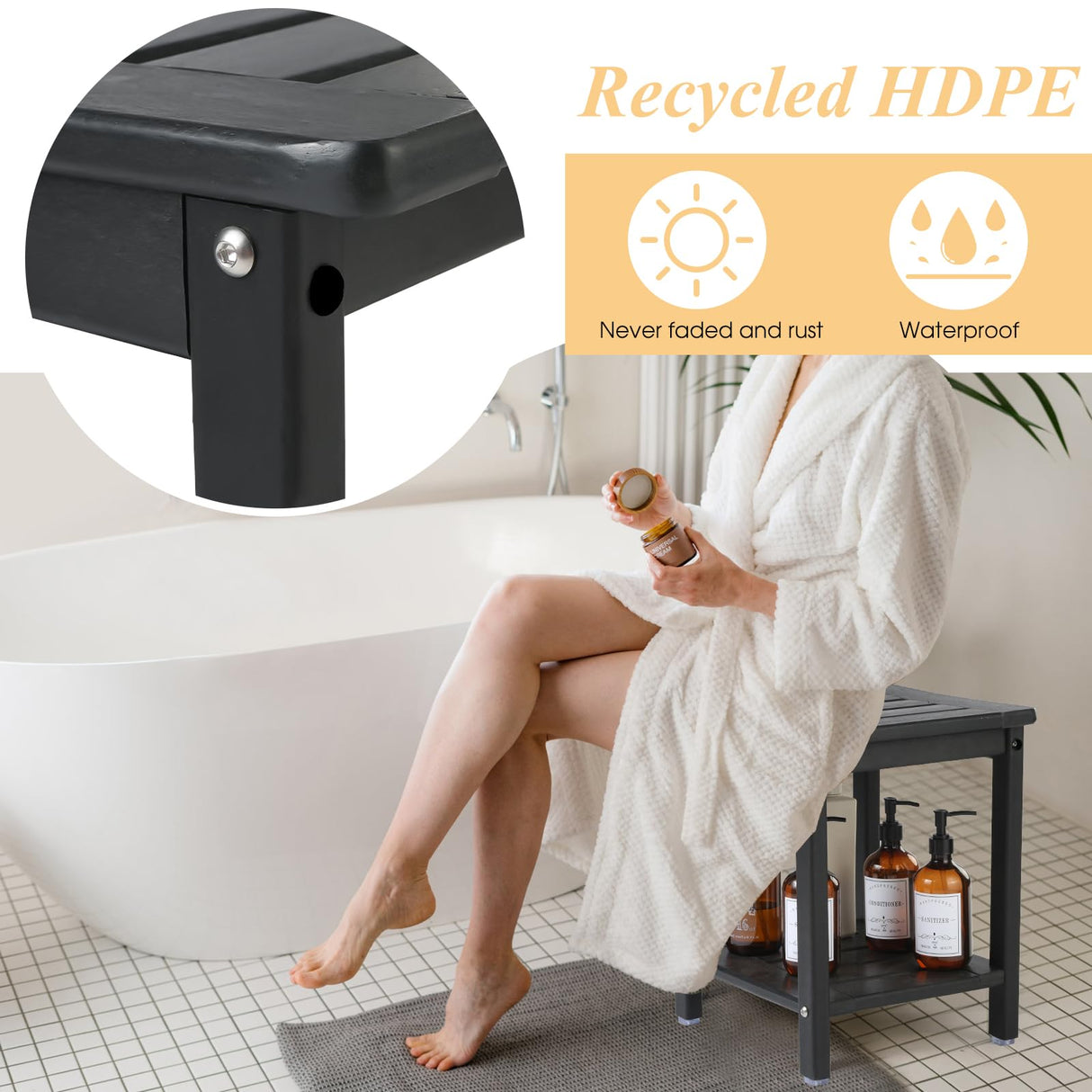 Apolimi Shower Chair,HDPE Shower Bench for Inside Shower to Sit On It, Shower Stool with Storage Shelf 2-Tier Spa Stool for Elderly,Water Resistant & Non-Slip Design Shower Seat Bench (Black S Size) Apolimi