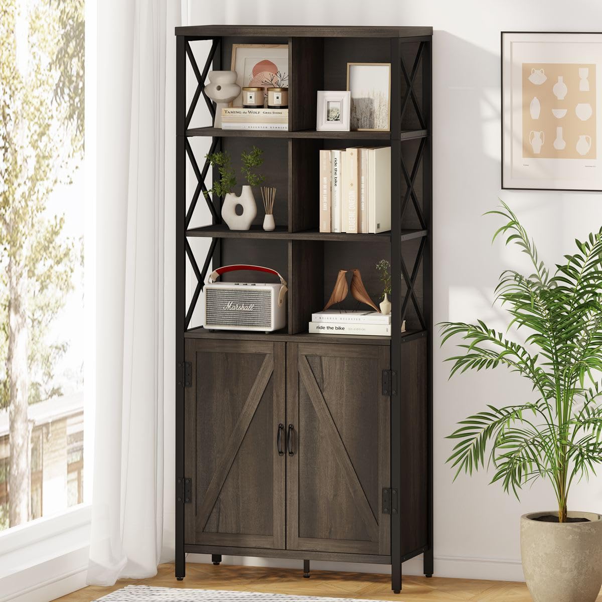 FATORRI Rustic Wood Bookshelf with Doors and Cabinet – Industrial Tall Bookcase in Walnut Brown FATORRI