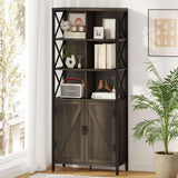FATORRI Rustic Wood Bookshelf with Doors and Cabinet – Industrial Tall Bookcase in Walnut Brown FATORRI