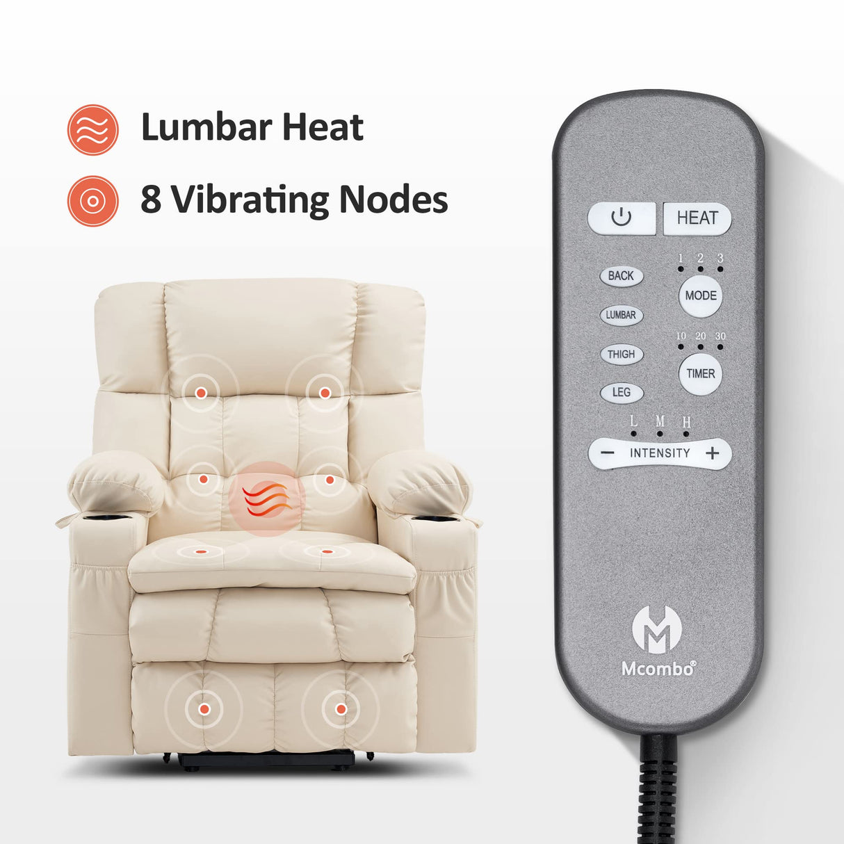MCombo Dual Motor Power Lift Recliner Chair for Elderly, Infinite Position Lay Flat Lift Chair with Heat and Massage for Seniors, Cup Holders, Faux Leather 7890 (Cream White, Medium-Regular) MCombo