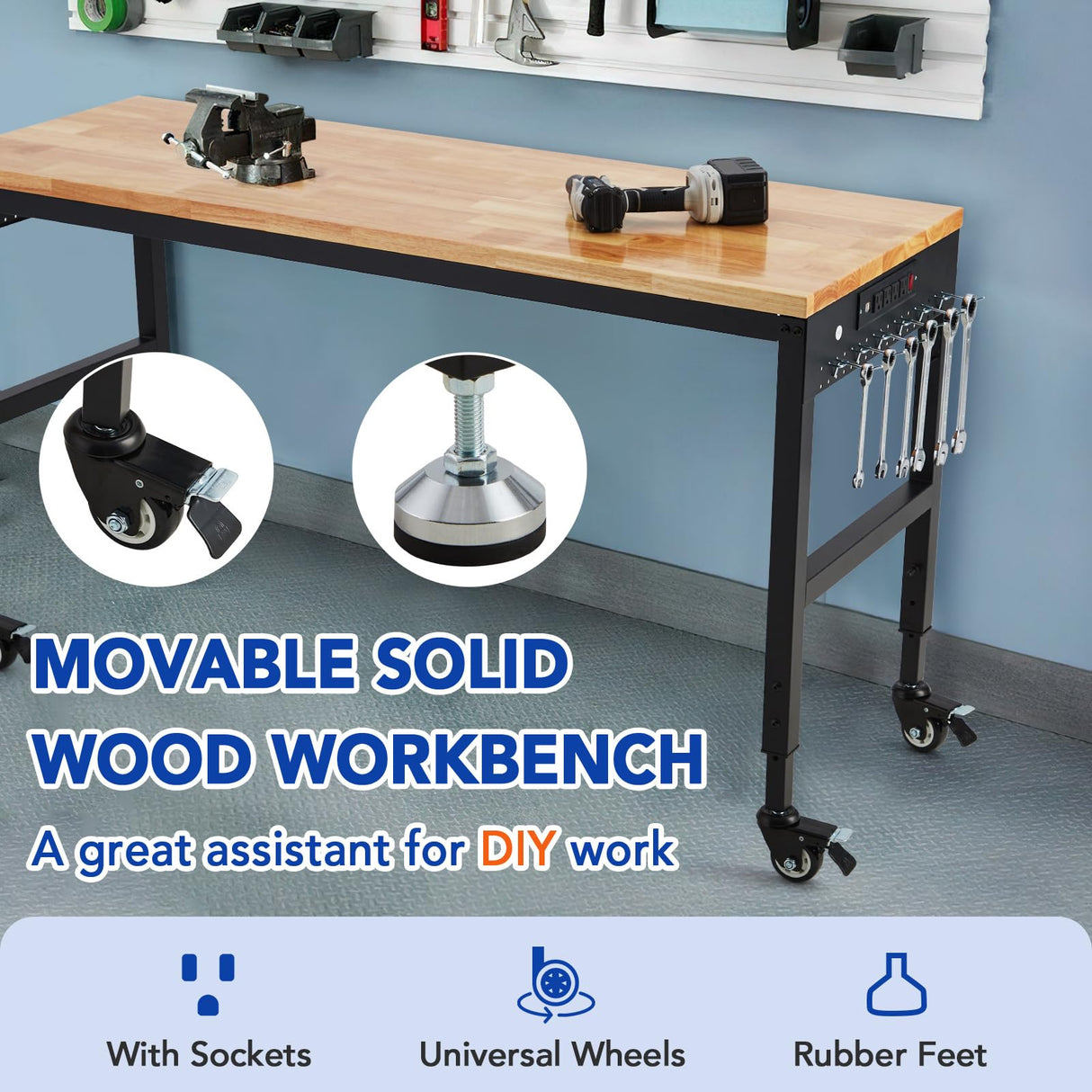 GarveeTech Adjustable Workbench 75' x 25', 2000 Lbs Load Capacity, 29.5"-38.4" Heights Garage Worktable with Universal Wheels & Power Outlet, Heavy-Duty Table for Workshop Office Home Commercial GarveeTech