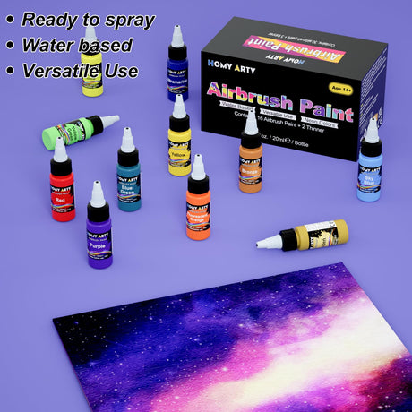 HOMY ARTY Airbrush Paint - 16 Colors with 2 Thinner, Ready to Spray, Water-Based, Acrylic Air Brush Paints for Metal, Plastic Models, Canvas, Wood - 18 Bottles HOMY ARTY