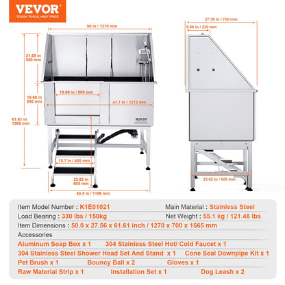 VEVOR 50" Pet Dog Bathing Station w/Stairs, Professional Stainless Steel Dog Grooming Tub w/Soap Box, Faucet,Rich Accessory, Dog Bathtub for Large,Medium,Small Pets, Washing Sink for Home Lef - WoodArtSupply