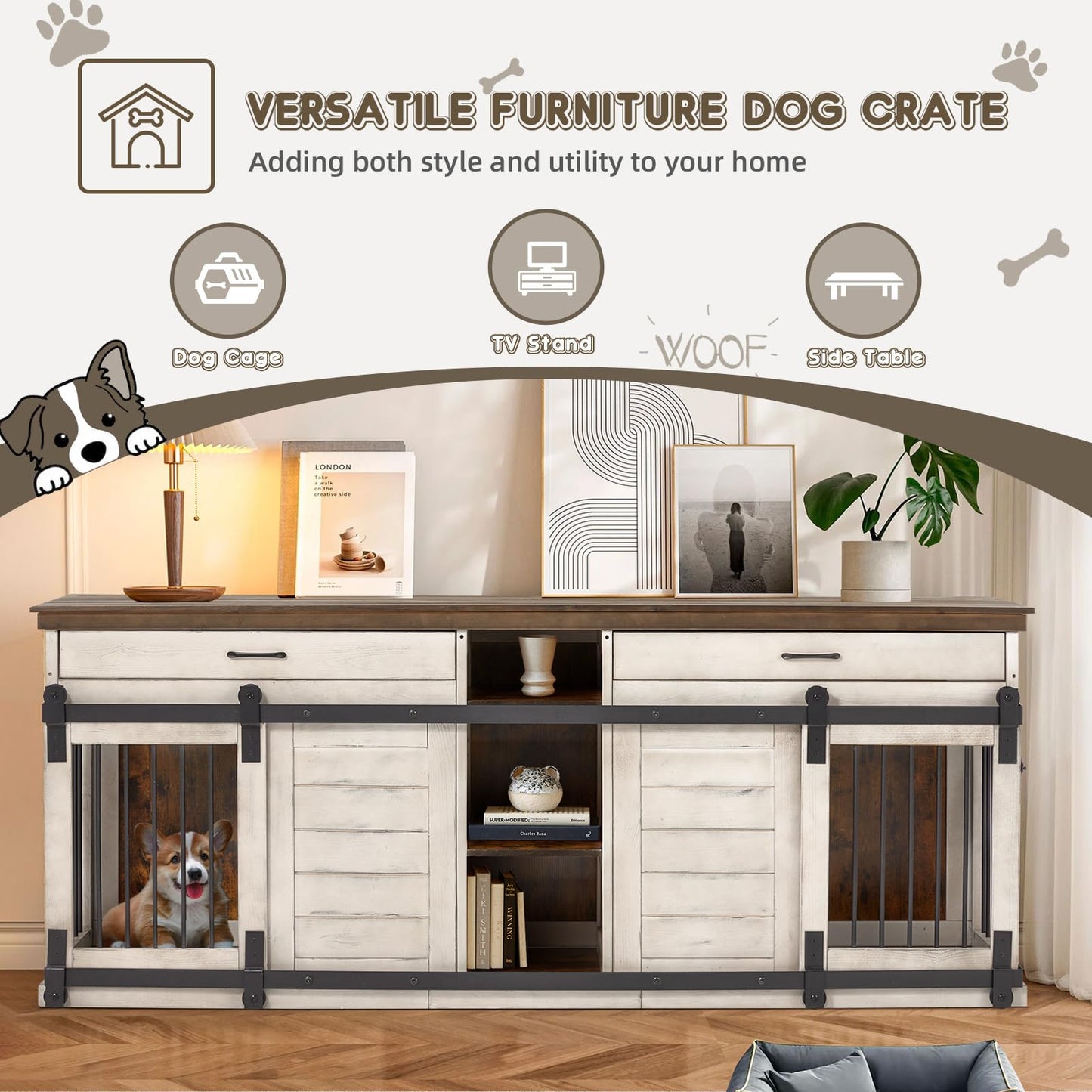 XL Dog Crate Furniture, 84.6" Solid Wood Dog Crate, Heavy Duty Dog Crates for Large Dogs, Indoor Double Dog Crate Table TV Stand with Storage Cubby, Sliding Doors, Drawers