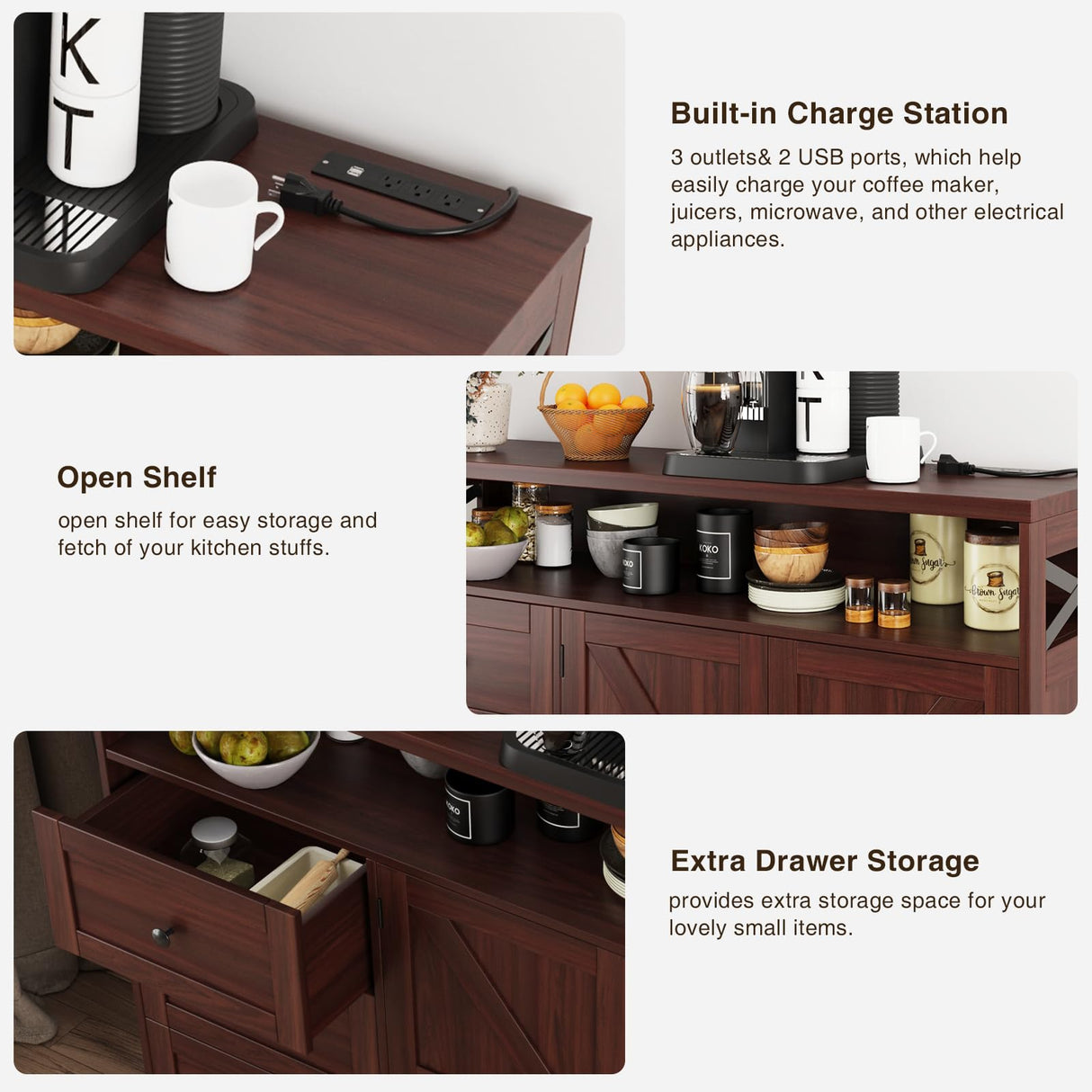 47" Dark Brown Farmhouse Storage Cabinet with Barn Doors and Drawers, Sideboard Buffet Cabinet with Storage, Kitchen Pantry Hutch, Coffee Bar Station Table for Kitchen, Living, Dining Room FiveWillowise