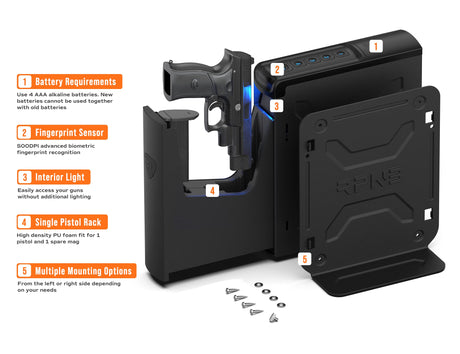 RPNB Gun Safe,Mounted Biometric Nightstand Handgun Safe with Quick Access Sliding Door, Pistol Safes for Wall Bedside Desk Vehicle with the Fingerprint, Keypad, Pistol Holder,Carbon Knight Series RPNB