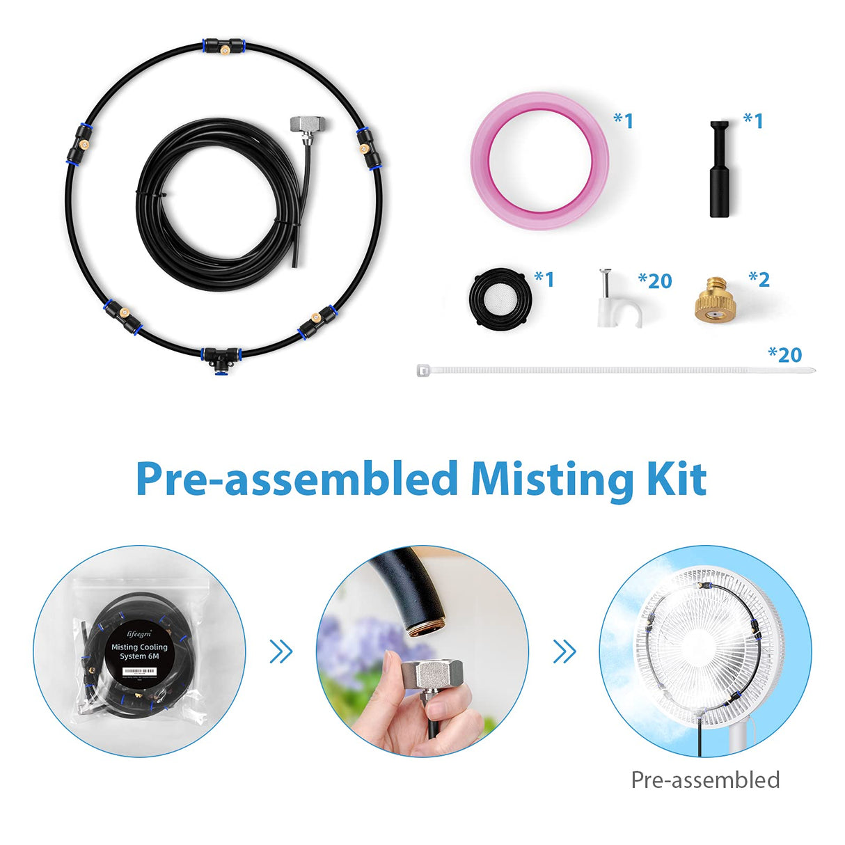 lifeegrn Misting Cooling System: Outdoor Mister System for Patio, 20 FT Misting Line+5 Mist Nozzles+3/4" Brass Adapter Garden Trampoline Greenhouse lifeegrn