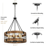 6-Light Farmhouse Wood Chandelier for Dining Room, Rustic Foyer Light Fixtures, Industrial Drum Hanging Lights for Kitchen Island Entryway, Nature Wood Texture and Black Metal Finish WOAEKR
