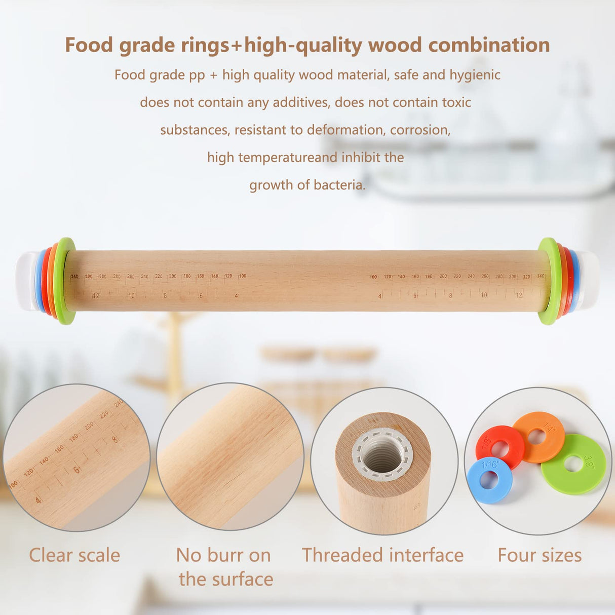 Yasashii Wood Rolling Pin With 4 Adjustable Thickness Rings, Non-stick Dough Roller For Baking, 17 Inch Pizza Roller For Kitchen supplies, Handle Press Design For Fondant, Pizza, Pie Crust, Cookie Yasashii