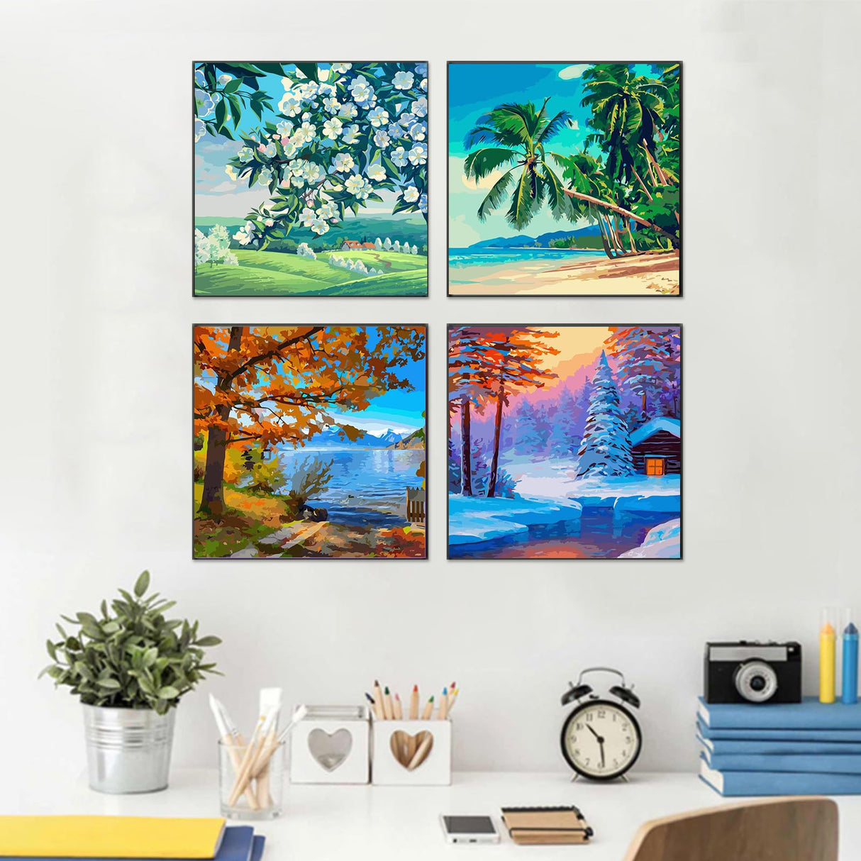 Amphol Adult Paint by Number Kits on Canvas Framed, 4 Pack Season Easy DIY Paint by Number for Adults Canvas with Frame, Simple Acrylic Framed Painting by Number for Beginners Kids Amphol