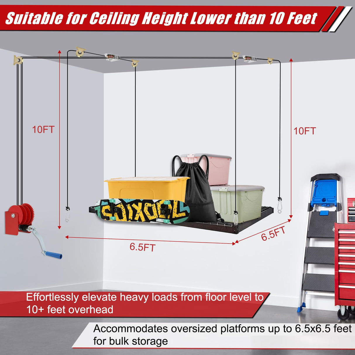 Drizzlen Overhead Garage Storage Lift,Heavy-Duty 300lbs Capacity Ceiling Rack System,Adjustable Height,Supports 8-16ft Ceilings,Overhead Garage Storage rack(Deck Not Includ) Drizzlen