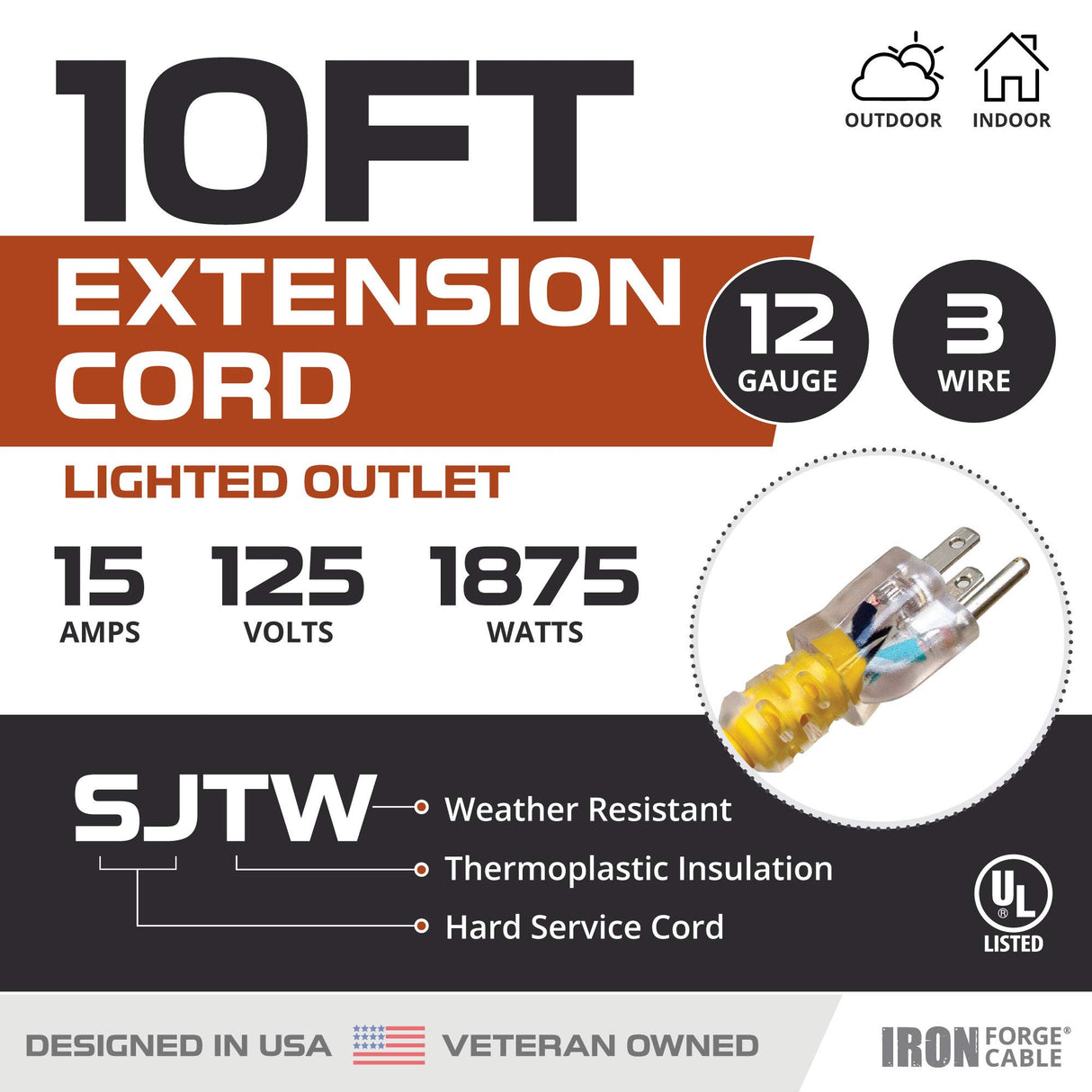 Iron Forge Cable 10 Foot Lighted Outdoor Extension Cord - 12/3 SJTW Heavy Duty Yellow Extension Cable with 3 Prong Grounded Plug for Safety, 15 AMP - Great for Garden and Major Appliances IRON FORGE CABLE