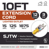 Iron Forge Cable 10 Foot Lighted Outdoor Extension Cord - 12/3 SJTW Heavy Duty Yellow Extension Cable with 3 Prong Grounded Plug for Safety, 15 AMP - Great for Garden and Major Appliances IRON FORGE CABLE