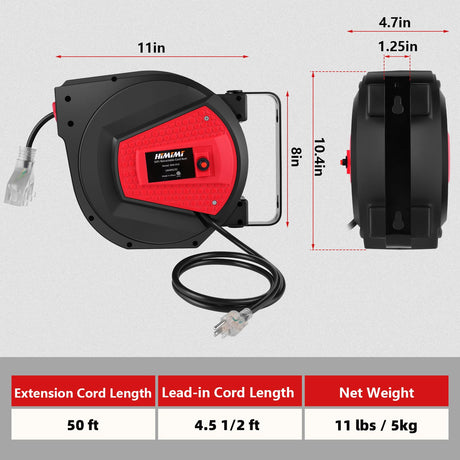 50FT Retractable Extension Cord Reel, 14AWG/3C Power Cord Reel for Garage Workshop, Wall/Ceiling Mounted Extension Cord Reel, 13A Circuit Breaker, 3-Lighted Triple Outlets, UL Listed Himimi