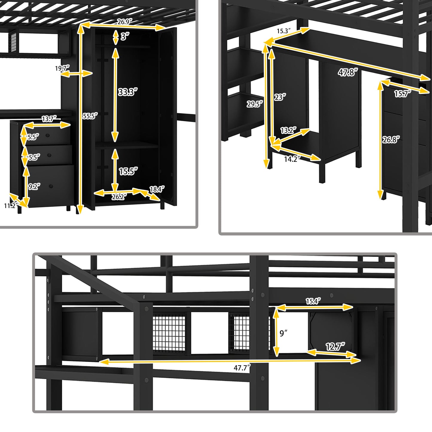 Ziraukon Full Loft Bed with Stairs, Metal Bed Frame Full Size with Desk and Wardrobe, Heavy-Duty High Loft Bedframe, Loft Bed Full Size Adults, Black