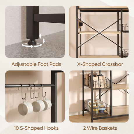Bestier Oak Bakers Rack with Power Outlet and Storage Baskets - Microwave Stand & Coffee Bar Organizer Bestier