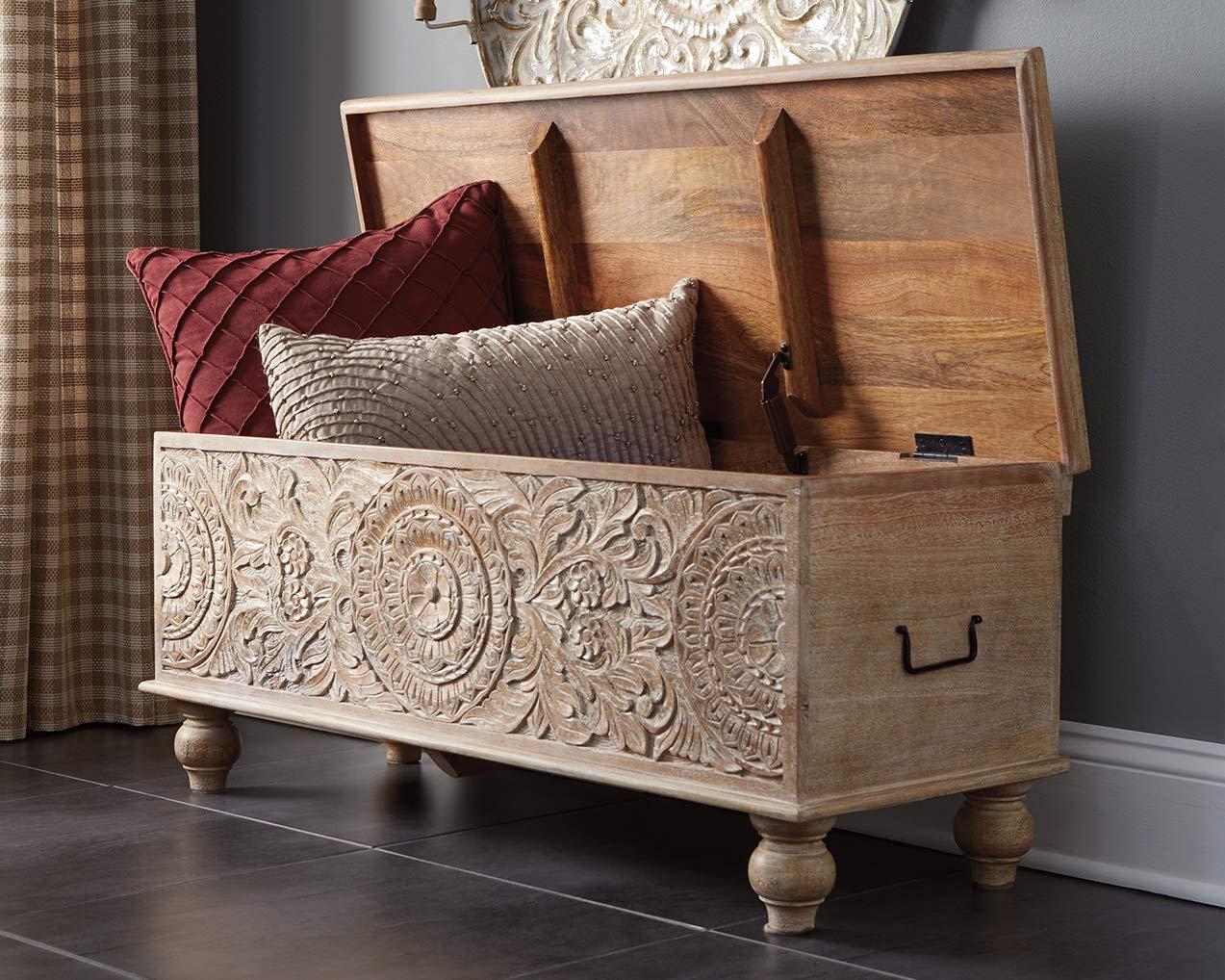 Signature Design by Ashley Fossile Ridge Boho Carved Wood Storage Bench with Hinge Top, Beige - WoodArtSupply