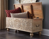 Signature Design by Ashley Fossile Ridge Boho Carved Wood Storage Bench with Hinge Top, Beige Signature Design by Ashley