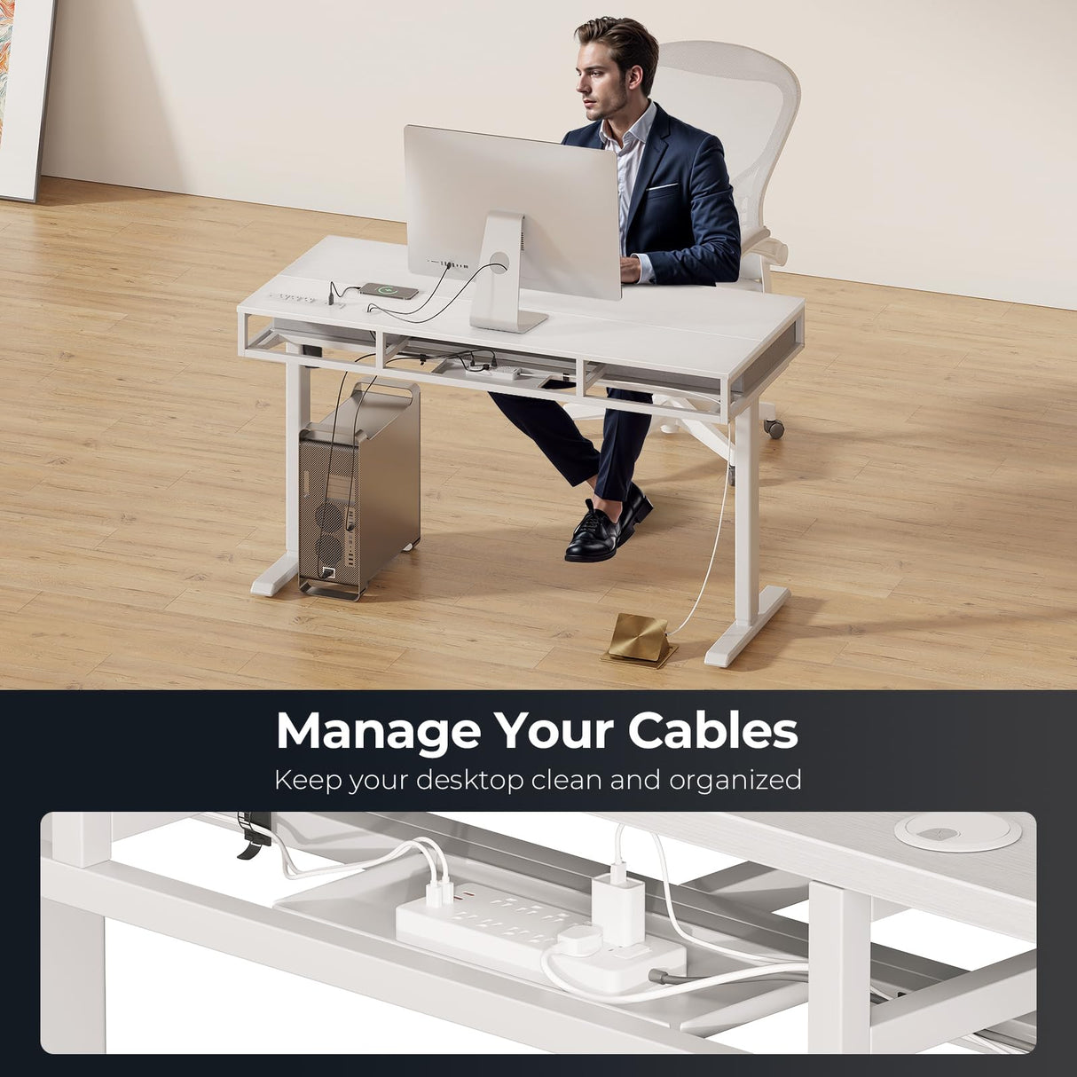 AODK Electric Standing Desk with Drawers & Keyboard Tray, 55 Inch Height Adjustable Desk with Power Outlets, Sit Stand Table, Writing Computer Desk for Home, Office, Workstation, White AODK