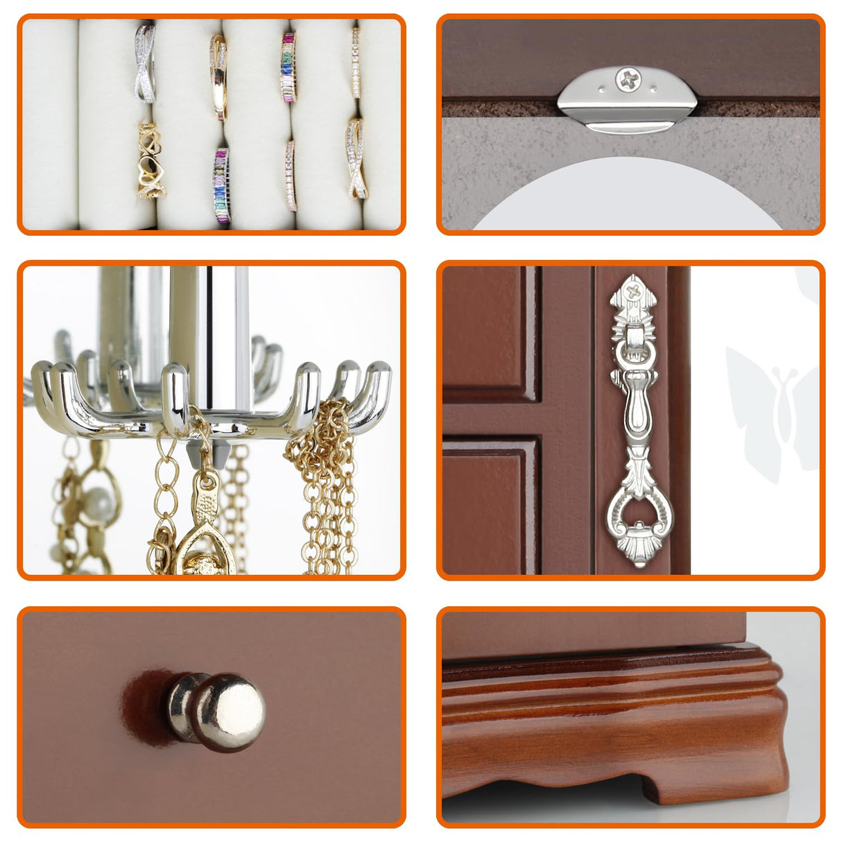 RR ROUND RICH DESIGN Jewelry Box - Made of Solid Wood with 4 Drawers Organizer and Built-in Necklace Carousel and Large Mirror Brown RR ROUND RICH DESIGN