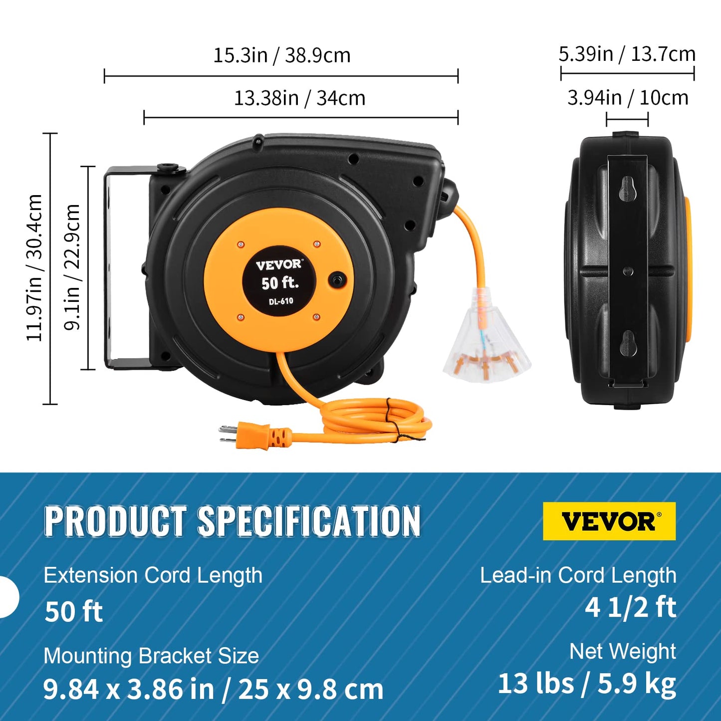 VEVOR Retractable Extension Cord Reel, 50 FT Heavy Duty 14AWG/3C SJTOW Power Cord with Lighted Triple Tap Outlet, 13 Amp Circuit Breaker, 180° Swivel Bracket for Ceiling or Wall Mount - WoodArtSupply