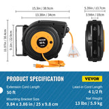 VEVOR Retractable Extension Cord Reel, 50 FT Heavy Duty 14AWG/3C SJTOW Power Cord with Lighted Triple Tap Outlet, 13 Amp Circuit Breaker, 180° Swivel Bracket for Ceiling or Wall Mount VEVOR
