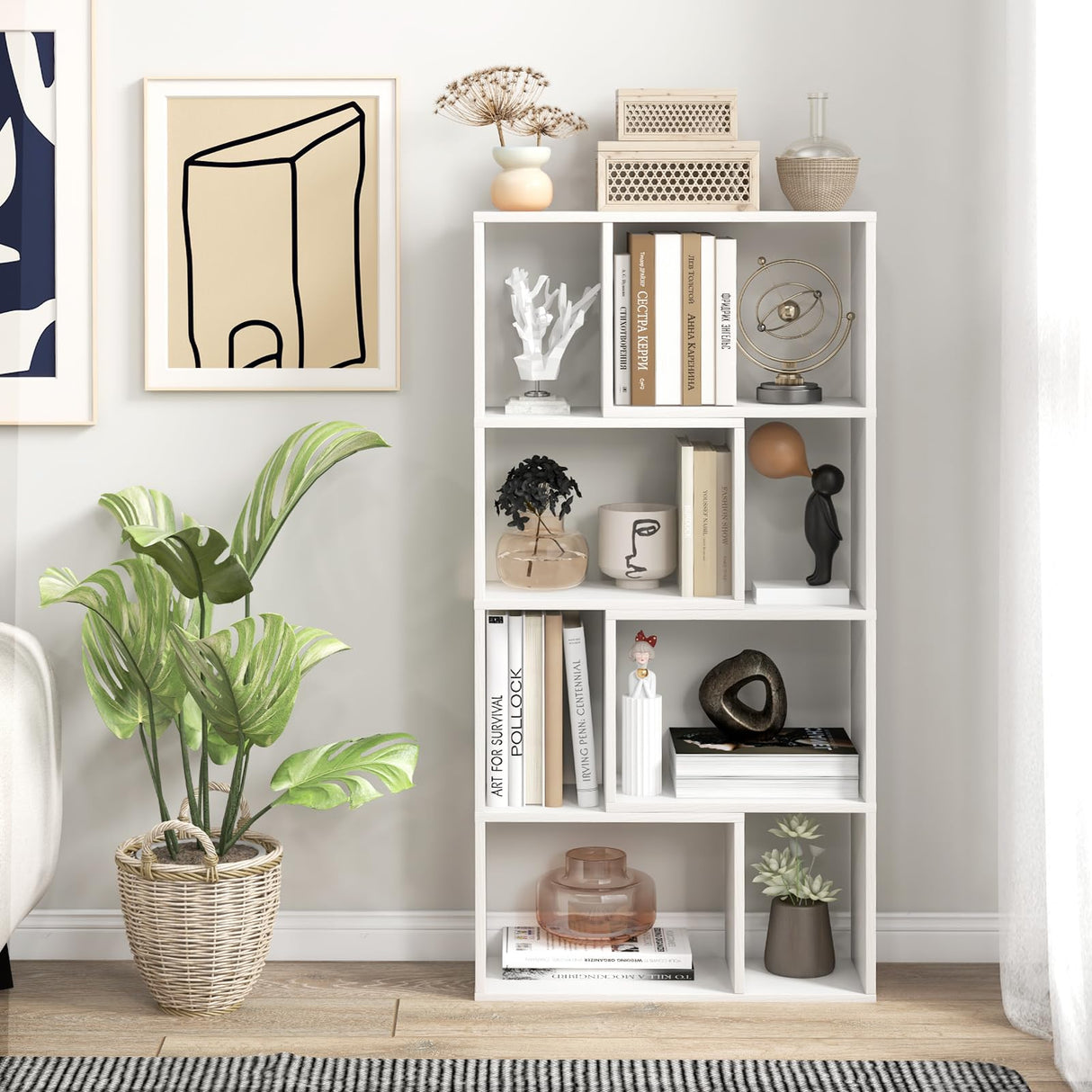Tangkula 5 Tier Geometric Bookshelf, 48”H Freestanding 8-Cube Open Bookcase, Wooden Storage Display Shelf, 2 Anti-Toppling Devices, 8 Cubes Home Office Decor Room Divider for Living Room (1, White) Tangkula