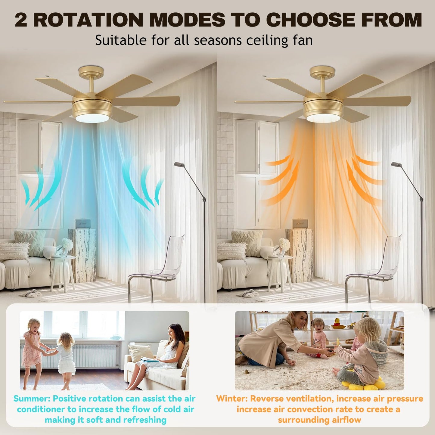 42 Inch Ceiling Fan with Lights and Remote, 6 Blade App Control Timer Reversible Stepless Brightness and Color Temperature Outdoor Wood Ceiling Fan with Lights (Gold, 42 Inch)