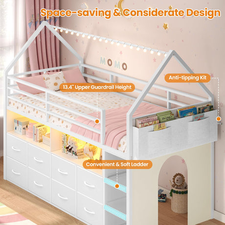 BTHFST Twin Size Loft Bed for Kids, 8 Storage Drawers & LED Lights, House Shaped Metal Bed with Bookcase, Soft Foam Ladder, 13.4" Safety Guardrail, Space Saving, Fun Curtain BTHFST