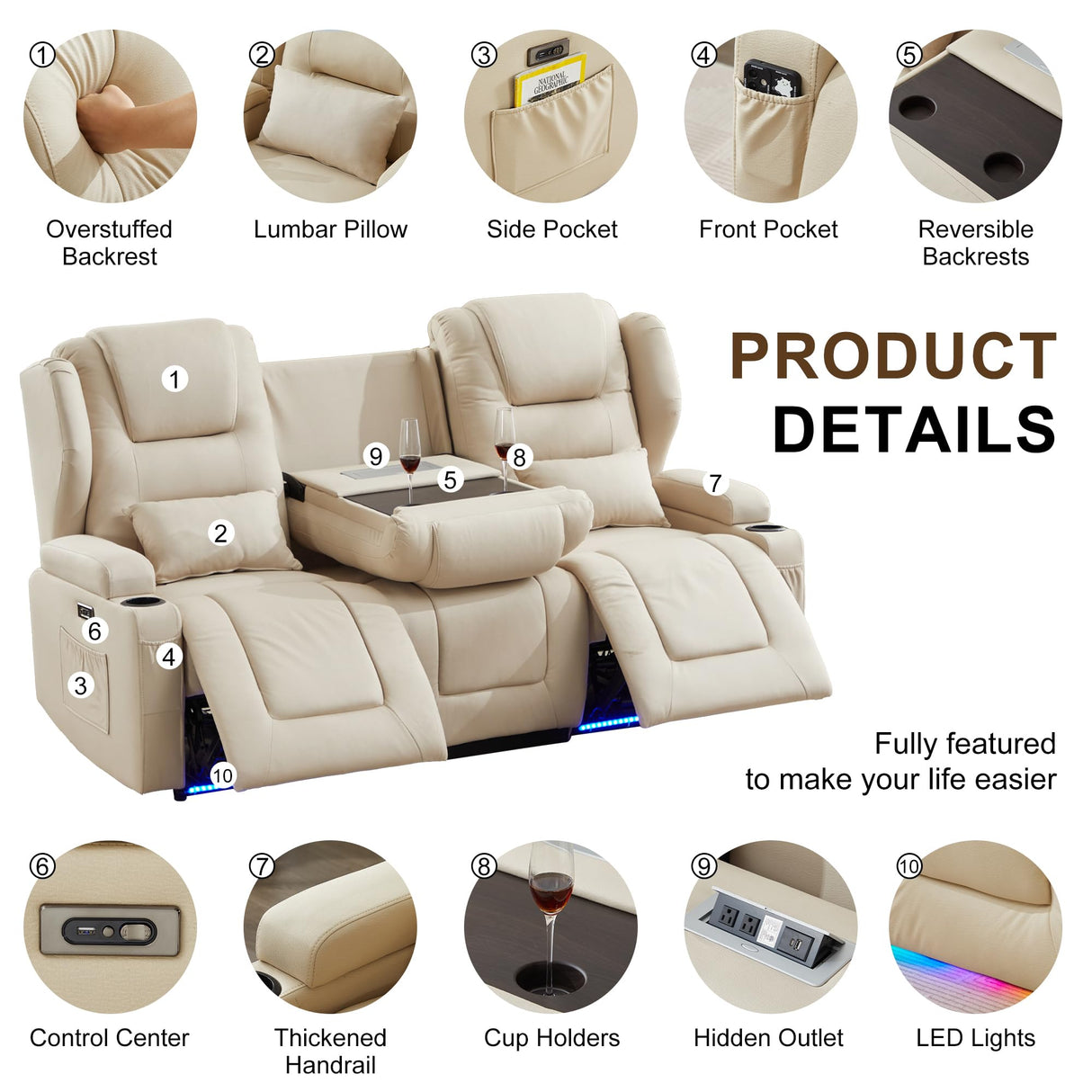 DRMBOOK RV Power Loveseat Recliner Sofa, Leathaire Fabric 3-Seater Wall Hugger Reclining Sofa, Home Theater Seating Chair with Cup Holders, 3 Person Couch RV Furniture for Living Room, Beige DRMBOOK