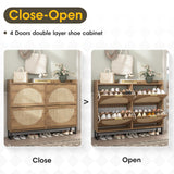 Maupvit Large Rattan Shoe Storage Cabinet with 4 Flip Drawers, Freestanding Shoe Organizer with Metal Legs for Entryway, Hidden Golden Handles, Narrow Shoe Rack Cabinet, Rustic Oak Rattan Maupvit