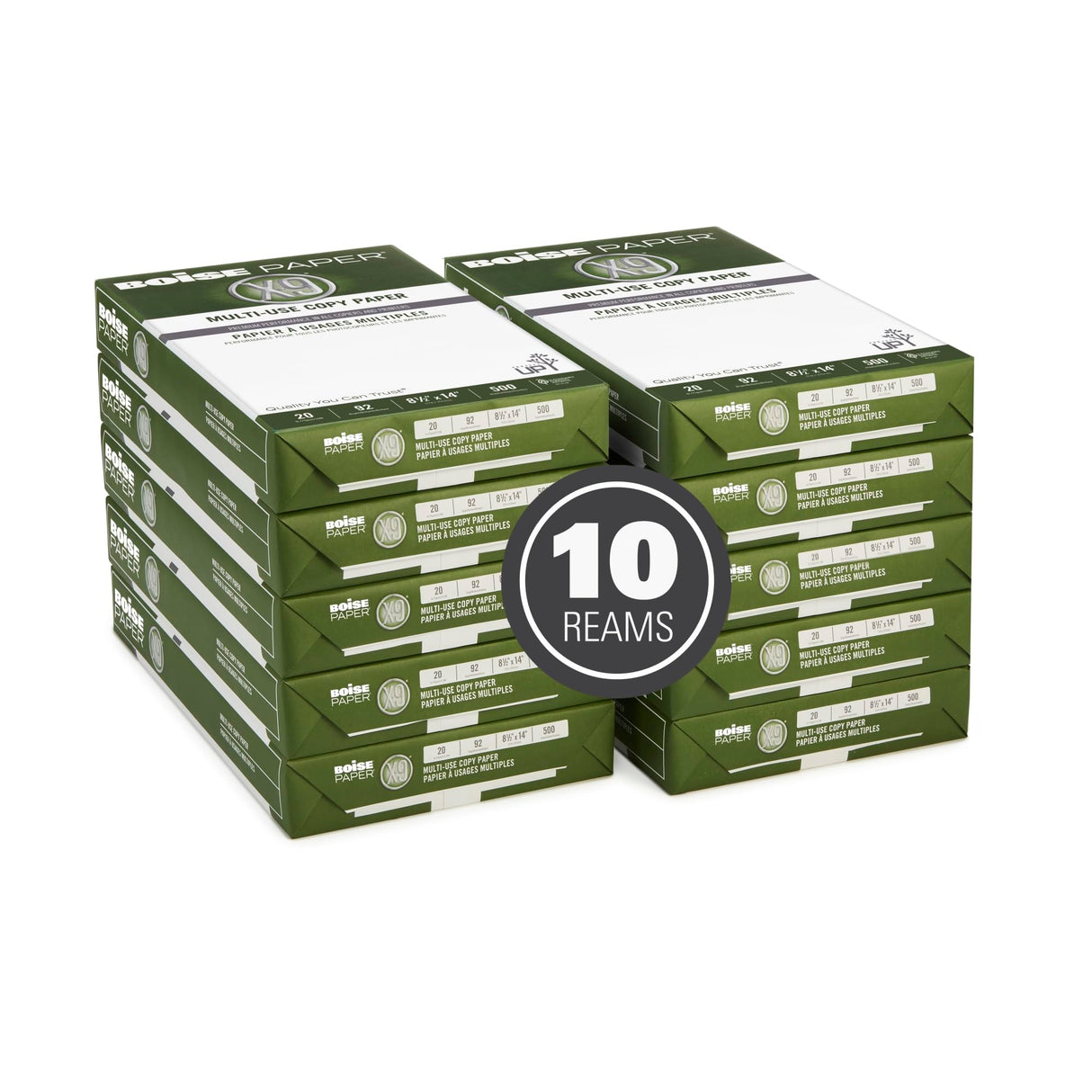 Boise® X-9® Multi-Use Printer & Copy Paper, 10 Reams, White, Legal (8.5" x 14"), 5000 Sheets Per Case, 20 Lb, 92 Brightn Boise