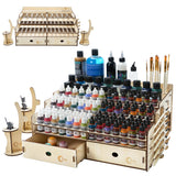 OPHIR Wooden Paint Rack Organizer, Miniature Paint Holder with 104 Holes of 2 Sizes for Model Miniature Paints, Includes 2 Drawers, 2 Painting Handles, 1 Brush Holder, 25 Paintbrush Holes OPHIR