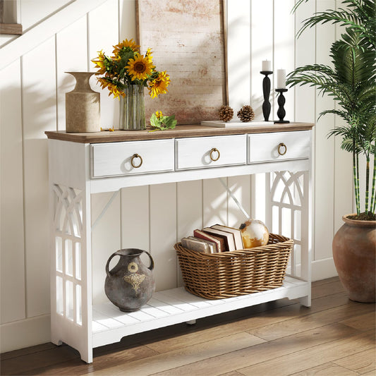 funitydg,43" Console Tables for Entryway with Drawers, Farmhouse Entryway Table with Shelf, Narrow Long Entry Table with Solid Wood Legs, Rustic Vintage Sofa Foyer Tables for Entryway, White - WoodArtSupply