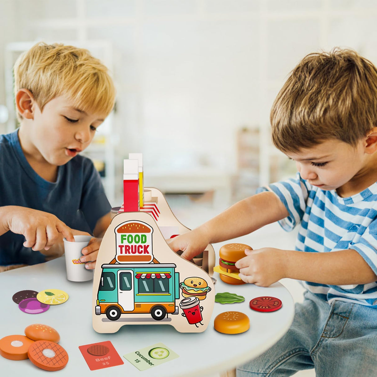 Victostar Wooden Play Food Set (58 pcs) Slice & Stack Sandwich Counter, Pretend Play Store Food Toys, Burger Shop Toys for Boys and Girls Victostar