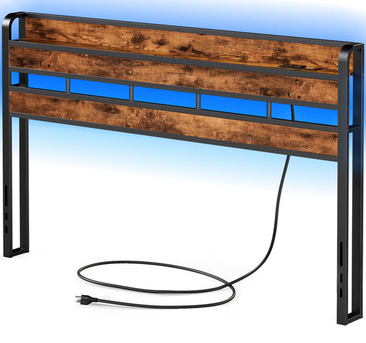 Furnulem Rustic Brown King Headboard with RGB LED, USB Charging Station, and Storage Shelf - WoodArtSupply