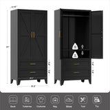 LCAOPC 71" Tall Metal Wardrobe Cabinet with 2 Drawers and Hanging Rod, 2 Doors Armoire Wardrobe Closet with Shelf for Bedroom, Office, Laundry Room, Black LCAOPC