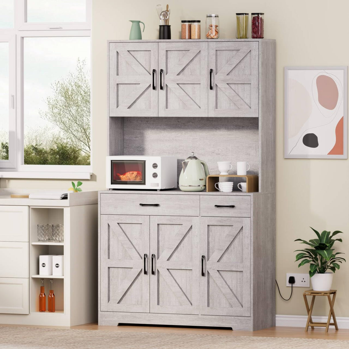 Azaeahom 71" Pantry Cabinet with Charging Station, Kitchen Storage Cabinet with Microwave Stand, 8-Zone Organization, 2 Smooth-Glide Drawers, Open Countertop for Dining, Kitchen, Living Room (Gray) Azaeahom