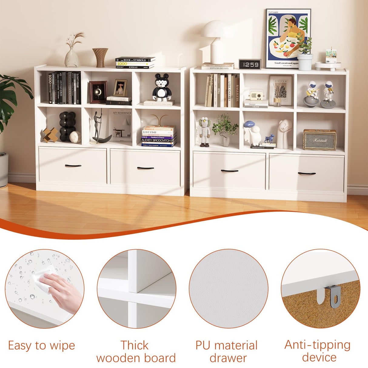 Adompacat Cube Bookshelf Storage Organizer Bookcase,8 Cube Open Mid-Centur Shelf,Freestanding Display Bookshelve, Modern Wide Toy Shelf with Drawers for Bedroom Living Room Office(White) Adompacat