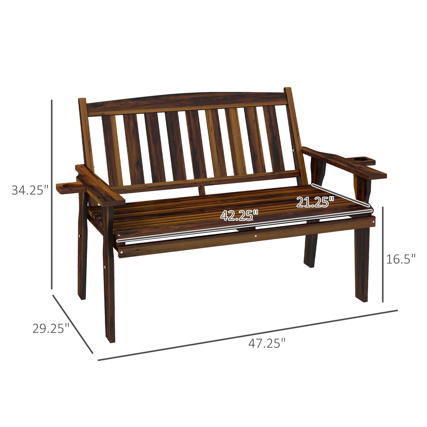 Outsunny Carbonized Wood 2-Person Garden Bench with Cupholder Armrests - WoodArtSupply