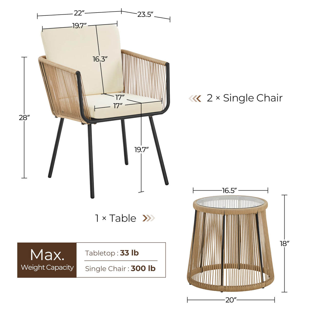 Yaheetech 3 Piece Patio Rattan Bistro Set, Outdoor All Weather PE Wicker Conversation Furniture Set with 2 Chairs & Tempered Glass Top Table & Cushions, for Poolside/Porch/Garden/Yard, Tan/Cream Yaheetech