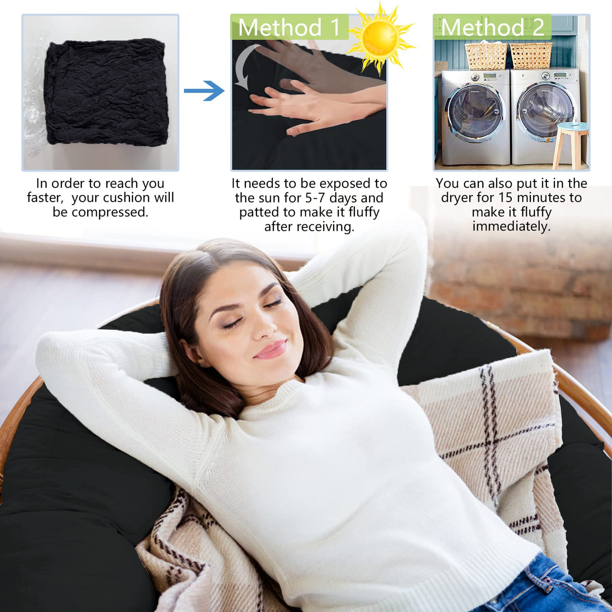 Bextile Papasan Chair Cushion Only, 52 in Cushion for Papasan, Round Leisure Papasan Seat Cushion (Black) Bextile