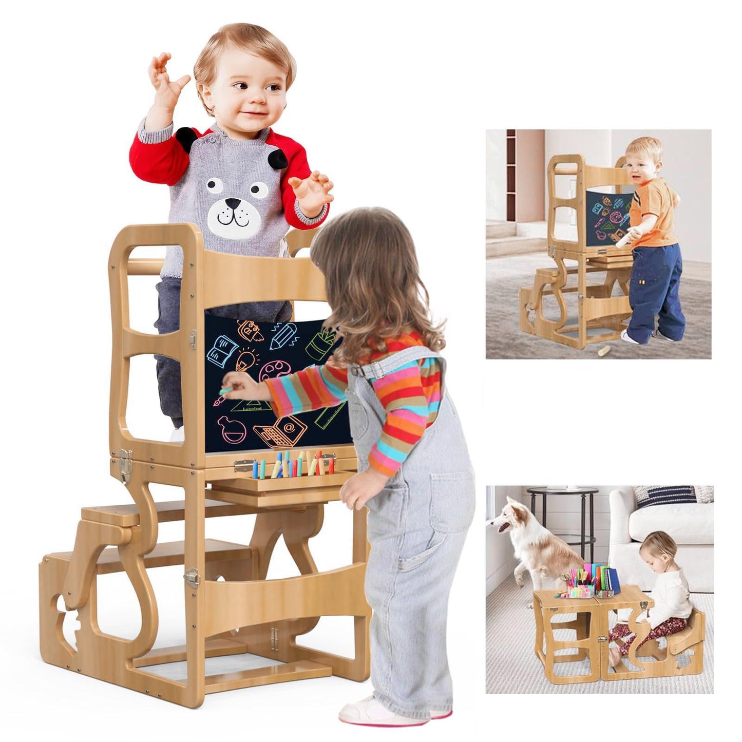 Toddler Standing Tower, Kid Step Stool Kitchen Stool Helper-Montessori with Chalkboard,3 in1 Folding Kitchen Tower Stool with Back, Learning Wooden Tower for Kitchen, Free Hands, Easy Assembly