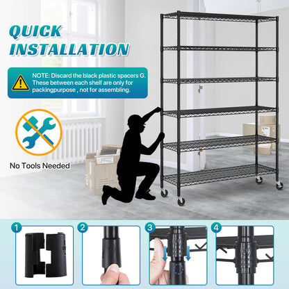 Metal Shelves Garage Shelving Wire Shelving Unit with Wheels, 6000lbs Weight Capacity Heavy Duty NSF Height Adjustable Storage Shelves 6 Tier Steel Commercial Grade Wire Rack, Black