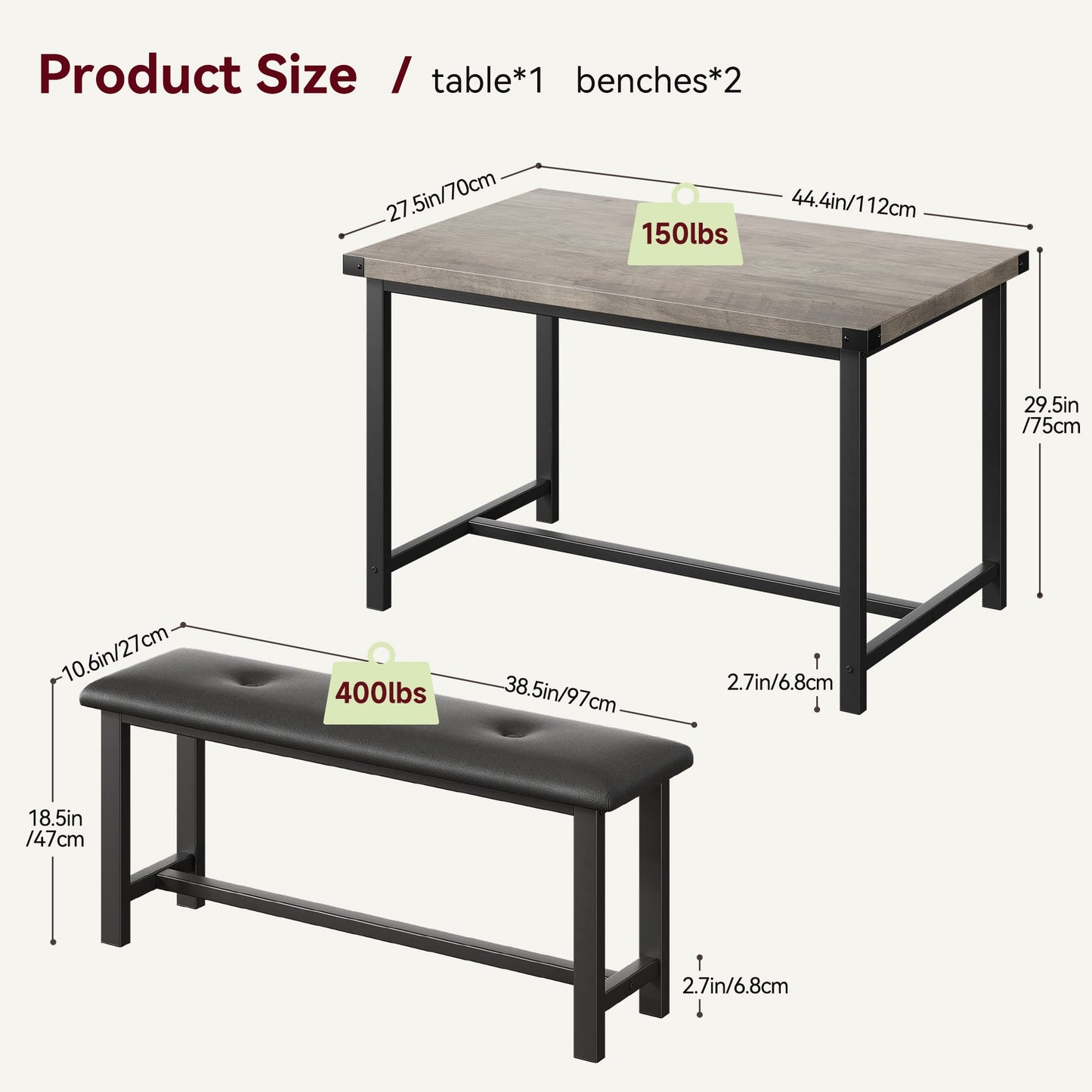 GAOMON Dining Table Set for 4, Kitchen Table with Benches, Rectangular Dining Room Table Set with 2 Upholstered Benches, 3 Piece Kitchen Table Set for Small Space, Apartment, Studio, Retro Gr - WoodArtSupply