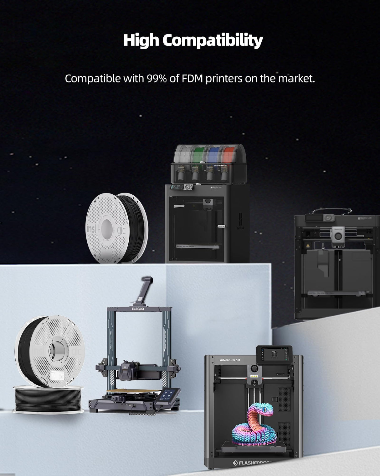 Inslogic Carbon Fiber Nylon Filament 1.75mm, Black PA6-CF 0.25kg Refill, High-Temp & Wear Resistant, High Strength & Rigidity 3D Filament for Functional Parts & Industrial Tools Inslogic