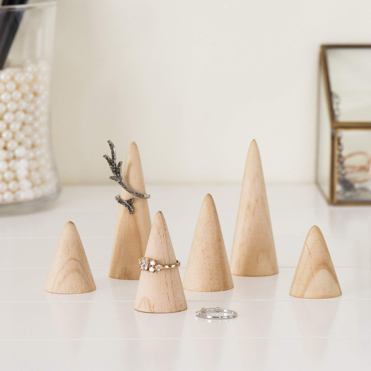 MyGift Natural Wood Wedding Ring Holder for Jewelry Engagement, Costume Ring Cone, Set of 6 MyGift