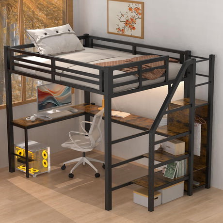 Feetice Full Size Loft Bed with Desk and Storage Stairs, Heavy Duty Metal Loft Bed Frame with Wardrobe, Adult Loft Bed with Desk Underneath & Charging Station, Space Saving, Black Feetice