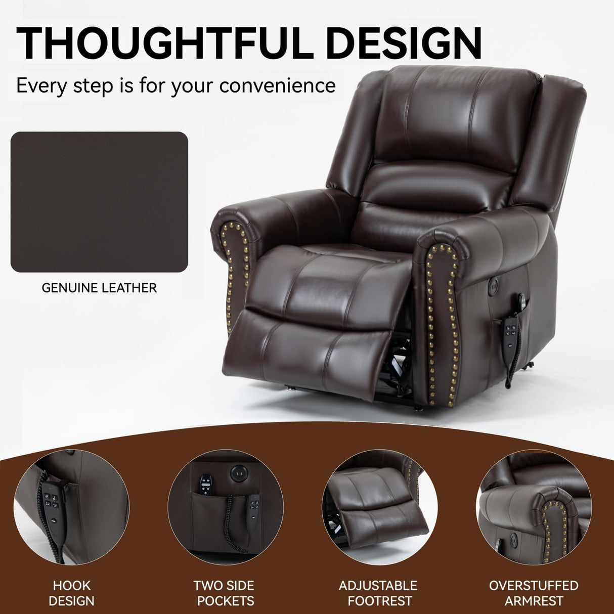 RHHVVR Dual Motor Power Lift Recliner Chair, Lay Flat Recliner Chair with Massage and Heat Remote Control for Adult Elderly, Large Electric Faux Leather Lift Chair, Extended Footrest, Brown RHHVVR
